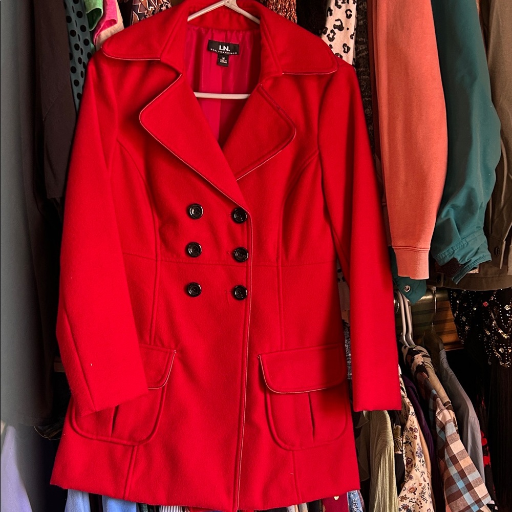 I.N. San Francisco Bright Red Double-Breasted Pea Coat